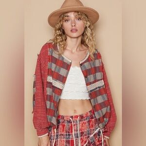 POL Women’s Round Neck Long Sleeve Plaid Shirt With Buttons, Size Large